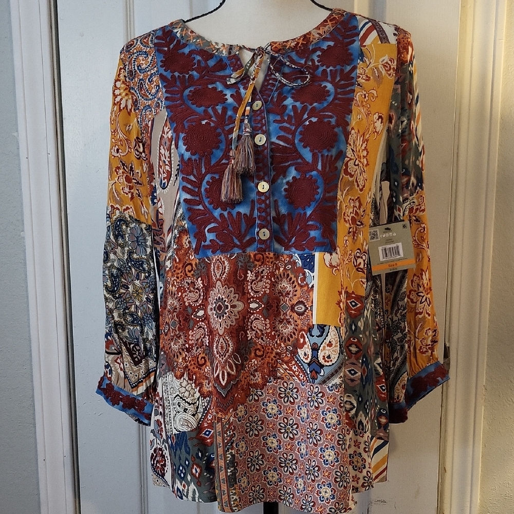 John Mark Embroidered Boho Tie Front Top